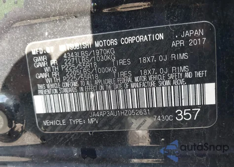 2017 Mitsubishi Outlander Sport 2.0 Es/2.0 Le из США, поврежденный, VIN JA4AP3AU1HZ052631